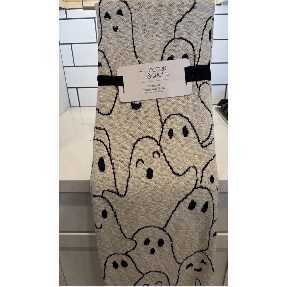 Goblin & Ghoul Off White Black Knit Throw Blanket Halloween Ghosts 50x70